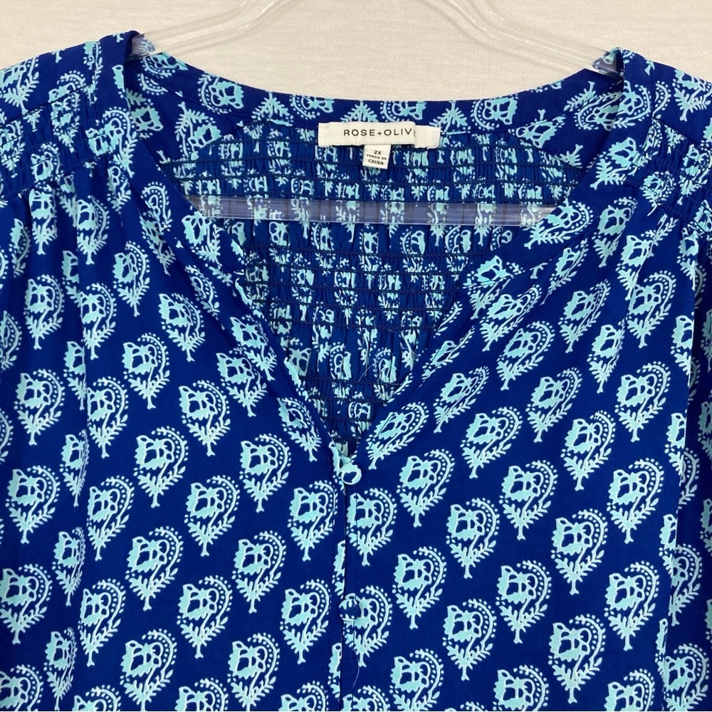 Rose & Olive Blue Floral Boho Print Smocked Back Soft Lightweight Blouse‎ 2X - Picture 4 of 10